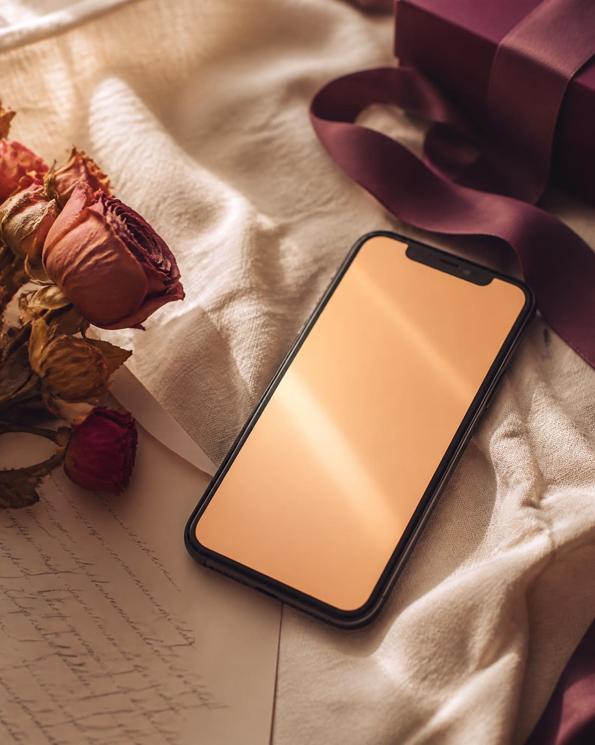 A phone resting on cream linen beside dried roses and a handwritten letter