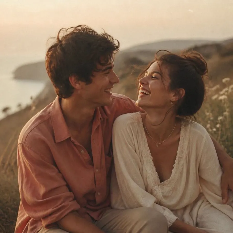 A couple laughing together at golden hour